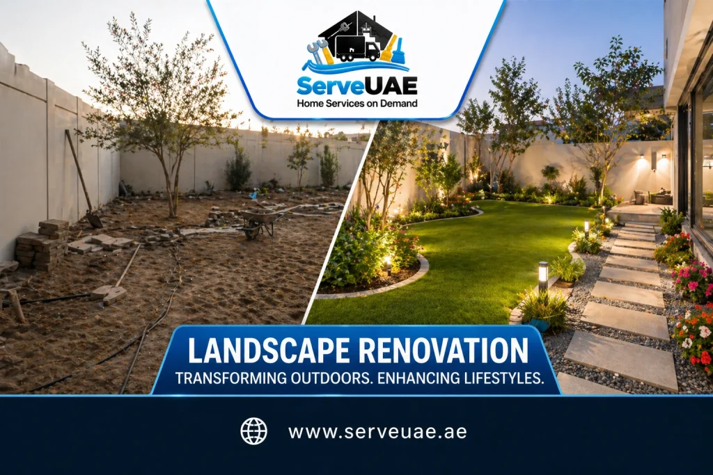 Landscape renovation in Dubai by ServeUAE featuring before and after garden transformation, professional landscaping design, lawn installation, pathway construction, outdoor lighting, planting, and modern backyard renovation services.