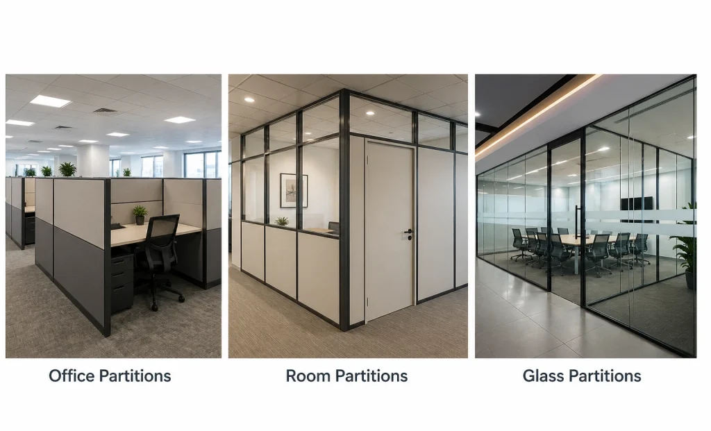 Office partitions, room partitions dubai , and glass partitions installation by ServeUAE in Dubai, featuring modern office cubicles, private room dividers, and stylish glass meeting room partitions for commercial workspace solutions.